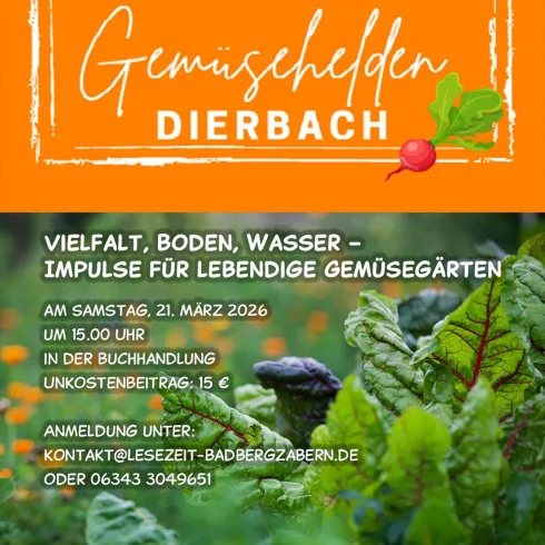 Ein farbenfrohes Plakat für eine Veranstaltung über Gemüsegärten. Es enthält Informationen zu Datum, Uhrzeit und Anmeldemöglichkeiten.