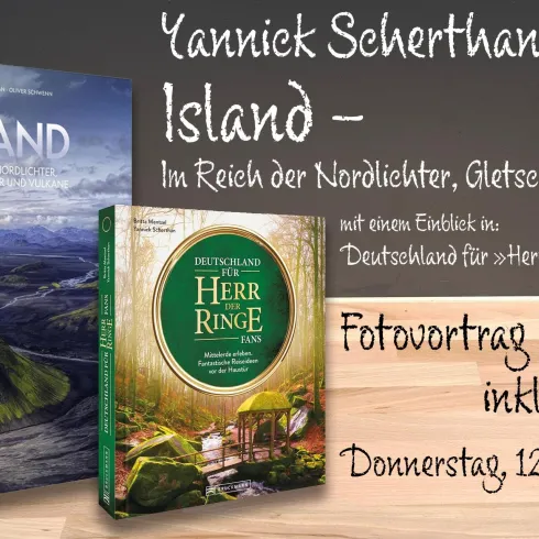 Zwei Bücher über Island und "Herr der Ringe" stehen auf einem Tisch. Ankündigung eines Fotovortrags mit Fingerfood am 12. März.