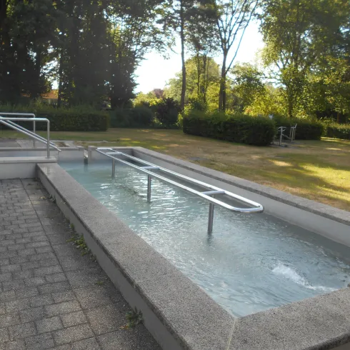 Ein geschützter Außenbereich mit einem Wasserbecken und Haltegriffen. Die Umgebung ist grün und einladend, ideal für Entspannung.