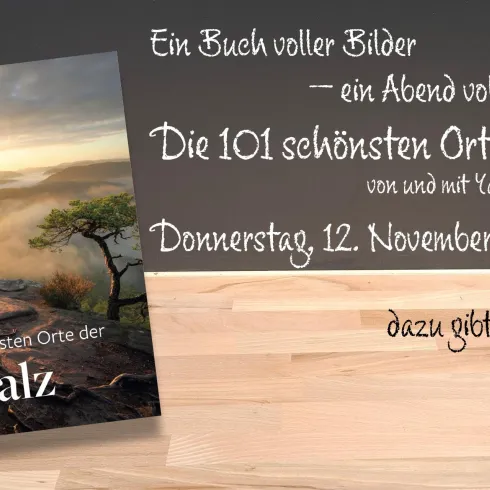Ein Buchcover mit dem Titel "Die 101 schönsten Orte der Pfalz". Es lädt zu einem Abend mit Eindrücken und Fingerfood ein.
