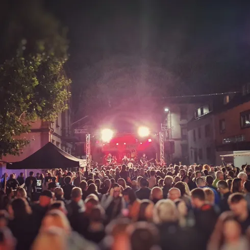 Eine große Menschenmenge bei einem Nachtfestival mit bunten Lichtern auf der Bühne. Die Atmosphäre ist festlich und lebhaft.
