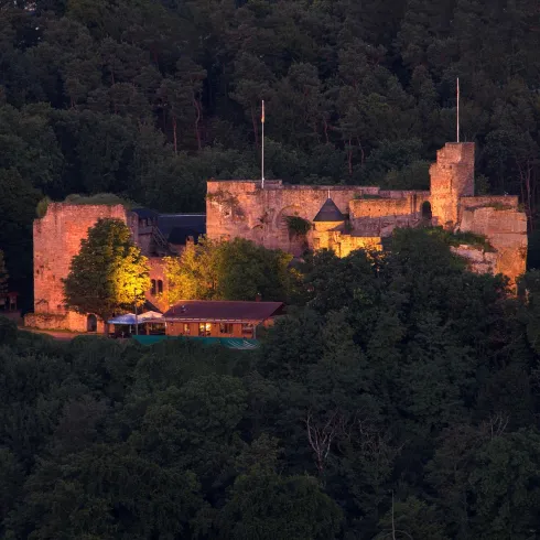 Eine alte Burg, umgeben von Bäumen, die bei Sonnenuntergang beleuchtet ist. Im Vordergrund ist ein Gebäude sichtbar, das möglicherweise ein Veranstaltungsort ist.