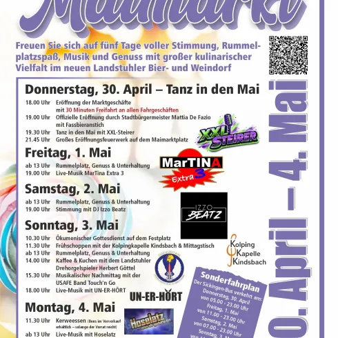 Ein Werbeplakat für den Sickingen Maifest mit Veranstaltungen vom 30. April bis 4. Mai. Es zeigt verschiedene Aktivitäten, darunter Tanz, Musik und kulinarische Genüsse.