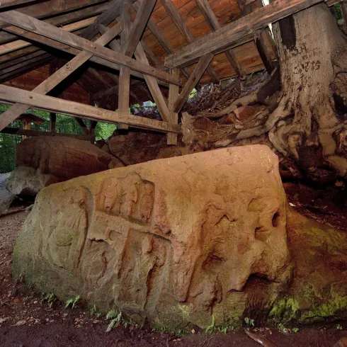 Ein großer Steinsockel mit kunstvollen Schnitzereien ist unter einem Holzdach im Wald zu sehen. Um den Stein wachsen Wurzeln von Bäumen, die die natürliche Umgebung betonen.