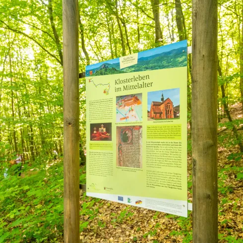 Ein Informationsschild über das Klosterleben im Mittelalter steht in einem bewaldeten Bereich. Die Umgebung ist grün und von Bäumen umgeben.