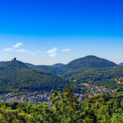 Eine weite Aussicht auf grüne Hügel und bewaldete Berge unter einem strahlend blauen Himmel. Im Vordergrund sieht man eine kleine Stadt im Tal.
