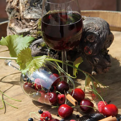 Weinglas gefüllt mit Rotwein steht auf einem Holzfass. Hinter dem Weinglas liegt ein Teil vom Rebstock. Im Vordergrund ein leeres Weinglas, aus dem verschiedene rote Beeren herausfallen. 
