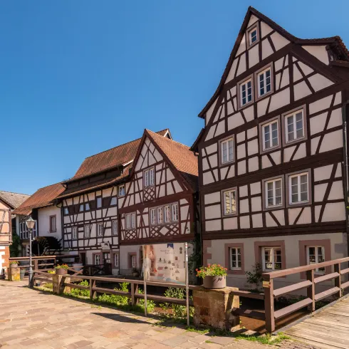 Ein malerisches Fachwerkhaus mit traditionellen Elementen. Die Szene zeigt eine charmante Straße mit blauen Himmel und grünen Pflanzen.