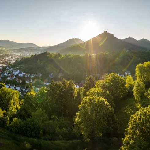 Eine malerische Landschaft mit sanften Hügeln und einer kleinen Stadt. Die Sonne geht über den Bergen auf und beleuchtet die grünen Felder und Bäume.