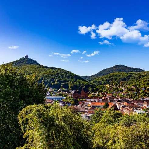 Ein malerischer Blick auf eine Stadt umgeben von grünen Hügeln und Bäumen. Der klar blaue Himmel und die sanften Wolken verleihen der Landschaft eine entspannte Atmosphäre.