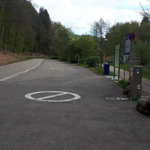 Eine ruhige Straße umgeben von Bäumen. Im Vordergrund ist ein Halteverbotssymbol und ein Schild sichtbar.