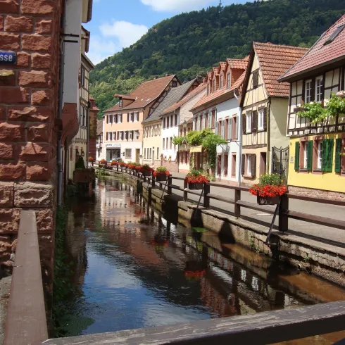 Eine malerische Straße mit bunten Fachwerkhäusern und einem kleinen Kanal. Im Hintergrund sind grüne Hügel und ein blauer Himmel zu sehen.