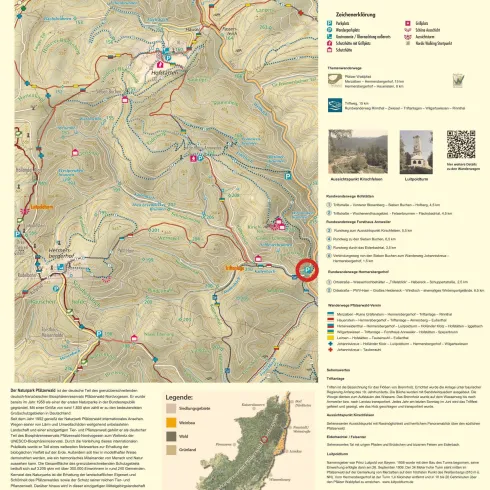 Eine Wanderkarte für den Naturpark Pfälzerwald mit den Wanderwegen rund um Annweiler Forsthaus. Wichtige Informationen und Symbole sind ebenfalls abgebildet.
