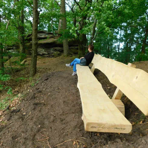 Eine lange Holzbank steht in einem Wald. Eine Person sitzt entspannt darauf und genießt die Natur.