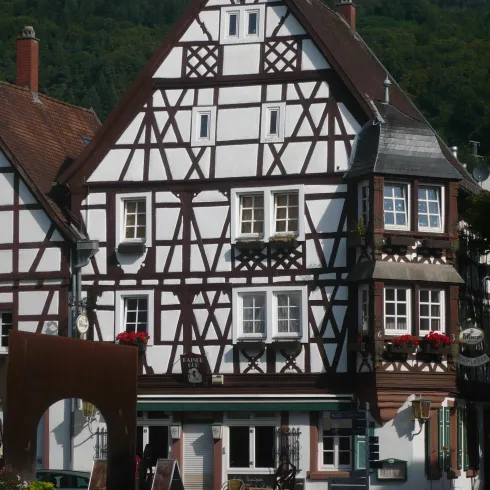 Ein traditionelles Fachwerkhaus mit weißen und braunen Balken. Im Hintergrund sind sanfte Hügel und ein blauer Himmel zu sehen.