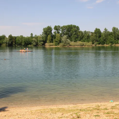 Ein ruhiger See mit klarem Wasser und umgeben von Bäumen. Einige Personen rudern in einem Boot.