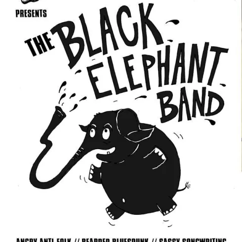 Ein schlichtes Poster für die Band "The Black Elephant Band". Es zeigt einen cartoonhaften Elefanten und enthält Informationen zu einer Live-Performance.