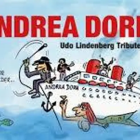 Eine Musikgruppe steht im Freien unter Bäumen. Alle Mitglieder tragen schwarze Kleidung und lächeln in die Kamera.