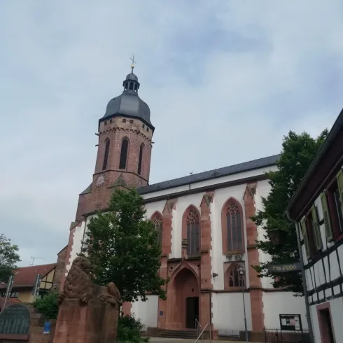 Eine beeindruckende Kirche mit einem hohen Turm und roten Ziegelsteinen. Umgeben von charmanten, historischen Gebäuden und Bäumen.