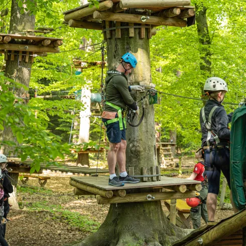 Eine Gruppe von Menschen in einem Kletterpark im Wald. Sie tragen Helme und Sicherheitsgurte, während sie sich auf den Plattformen der Bäume bewegen.