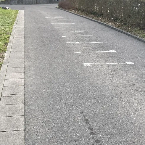 Ein leeres Parkareal mit markierten Parkplätzen. Grüne Rasenflächen befinden sich entlang der Straße.