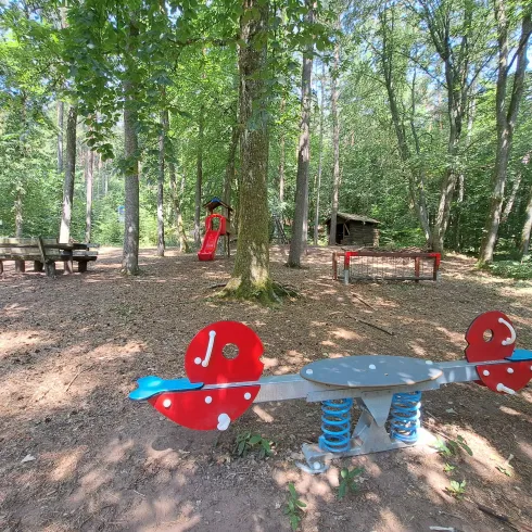 Ein schöner Spielplatz im Wald mit Spielgeräten und einer Rutschbahn. Im Hintergrund sind Sitzgelegenheiten und viel Grün zu sehen.