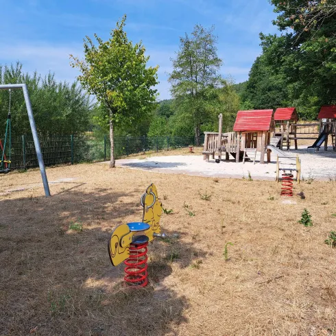 Ein Spielplatz mit einer Schaukel und einem Spielhaus steht in einer grünen Umgebung. Die Fläche ist trocken mit wenigen Pflanzen.