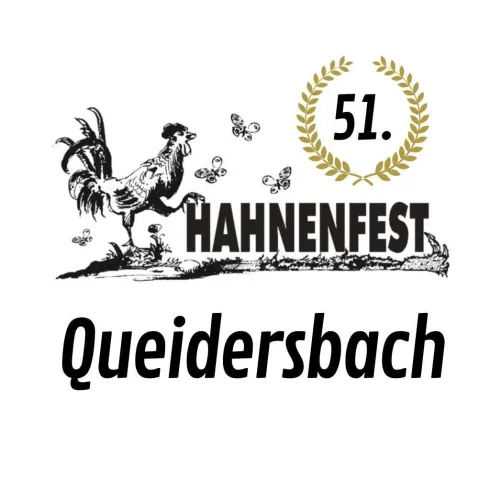 Ein Logo für das 51. Hahnenfest in Queidersbach. Es zeigt einen Hahn und einige Schmetterlinge.