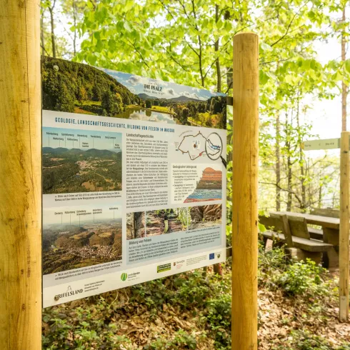 Ein Informationsschild im Wald mit Karten und Erklärungen zu landschaftlichen Besonderheiten. Im Hintergrund sind Bäume und eine Bank zu sehen, die zum Verweilen einlädt.