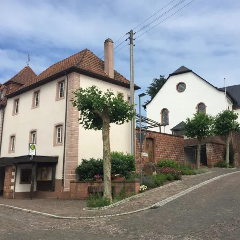 Eine ruhige Straße mit historischen Gebäuden und einer Kirche. Grüne Bäume und Blumen verschönern die Umgebung.