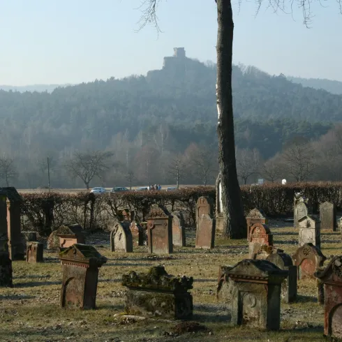 Ein alter Friedhof mit vielen Grabsteinen und einem Baum. Im Hintergrund ist eine Burgruine auf einem Hügel zu sehen.