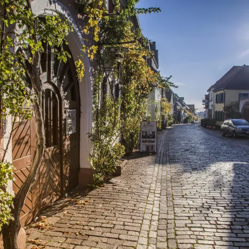 Eine malerische Kopfsteinpflasterstraße mit schönen Häusern und blühenden Pflanzen. Die Sonne scheint und sorgt für eine angenehme Atmosphäre.