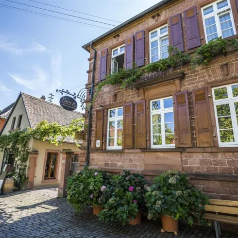 Ein charmantes Gebäude mit Holzfensterläden und grüner Bepflanzung. Die Straße ist gepflastert und von Bäumen umgeben.