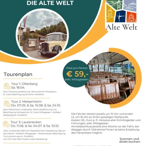 Oldtimerbustouren durch die Alte Welt. Tourenplan und Preise für unvergessliche Ausflüge sind abgebildet.