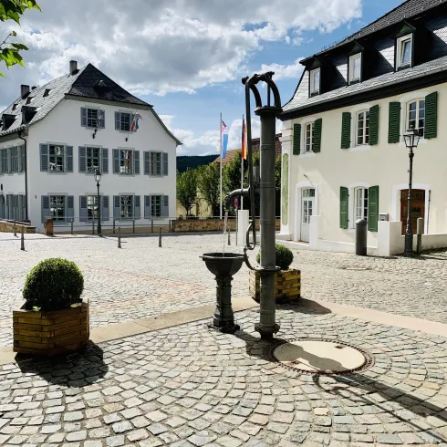 Ein schöner Platz mit historischen Gebäuden und einer alten Pumpe. Der Himmel ist teilweise bewölkt, und die Umgebung ist grün.