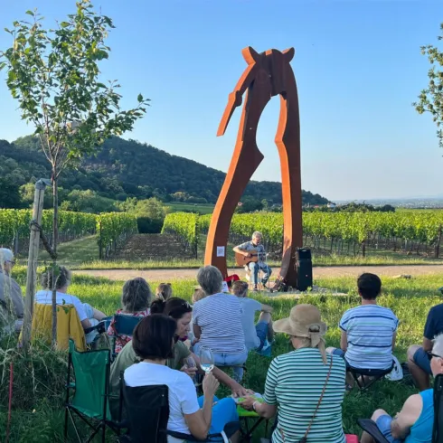 Eine Gruppe von Menschen sitzt auf Stühlen in einem Weinberg und schaut auf einen Musiker, der vor einer großen Skulptur spielt. Im Hintergrund sind sanfte Hügel und ein klarer Himmel zu sehen.
