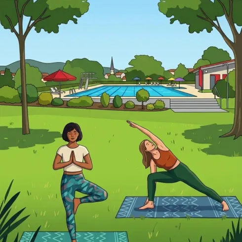 Zwei Frauen praktizieren Yoga in einem hellen Raum mit Ziegelsteinen und Pflanzen. Der Text auf dem Bild kündigt eine Yoga-Veranstaltung an.