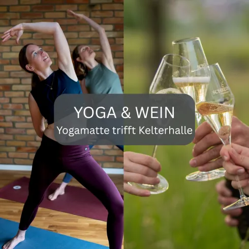 Zwei Frauen praktizieren Yoga in einem Raum mit Ziegelwänden. Auf der anderen Seite stoßen Menschen mit Gläsern an, während sie in einer grünen Umgebung stehen.