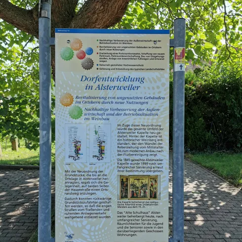 Ein Informationsschild zur Dorferneuerung in Alsterweiler. Das Schild zeigt verschiedene Projekte und Entwicklungen in der Gemeinde.