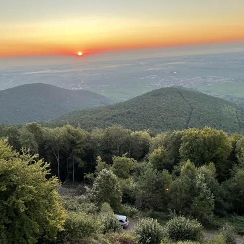 Ein atemberaubender Sonnenuntergang über sanften Hügeln und bewaldeten Landschaften. Im Hintergrund erstreckt sich ein weites Tal bis zum Horizont.