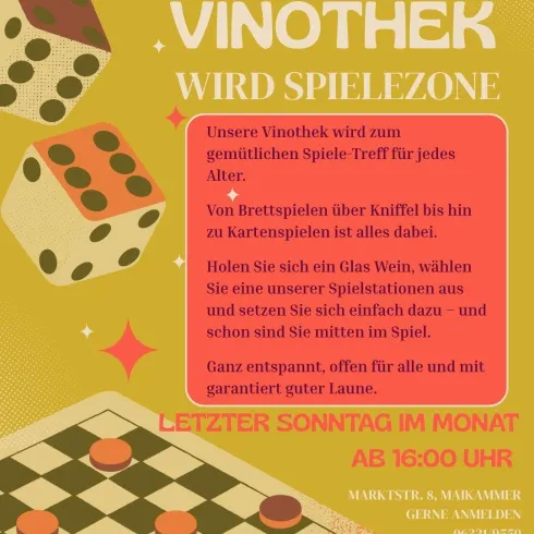 Ein bunter Flyer, der zu einem Spiele-Treffen in der Vinothek einlädt. Er beschreibt verschiedene Spiele und die eventuellen Teilnahmebedingungen.