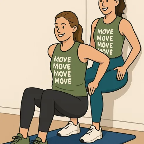 Zwei Frauen praktizieren Yoga in einem hellen Raum mit Ziegelsteinen und Pflanzen. Der Text auf dem Bild kündigt eine Yoga-Veranstaltung an.