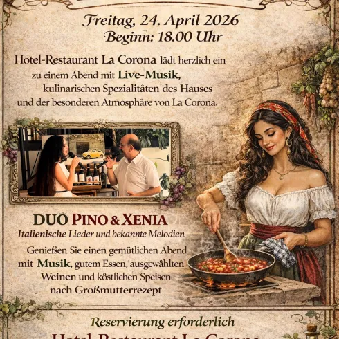 Ein Flyer für einen Musikabend im Hotel-Restaurant La Corona in Maikammer. Er beschreibt Live-Musik, italienische Spezialitäten und eine gemütliche Atmosphäre am 24. April 2026.