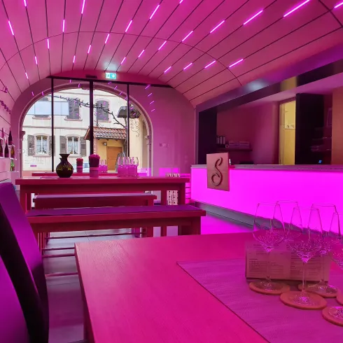 Vino Lumino -Vinothek in rosa (© Familie Schreieck)