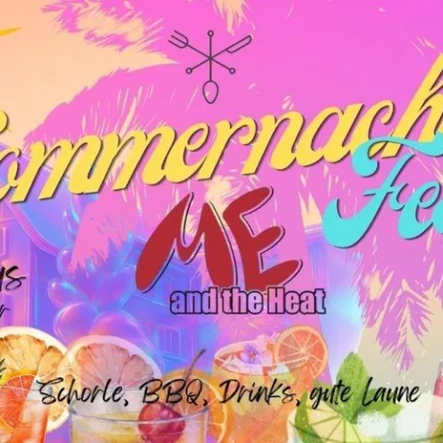 Eine sommerliche Nachtveranstaltung mit bunten Cocktails und fruchtigen Motiven. Datum: 9. August.