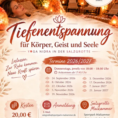 Ein Werbeplakat für Yoga Nidra im Sportpark Maikammer. Es zeigt Termine und Informationen zur Veranstaltung in einer Salzgrotte.