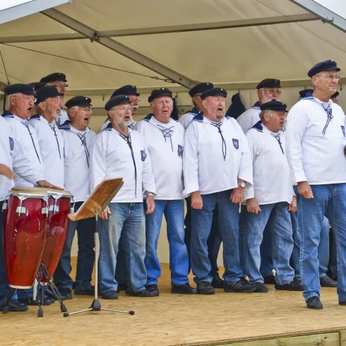 Eine Scharfmannschaft singt auf einer Bühne. Im Hintergrund spielt eine Frau Akkordeon.