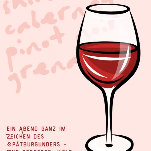 Ein stilvolles Weinglas mit rotem Wein. Im Hintergrund stehen verschiedene Weinarten beschrieben, darunter Spätburgunder.