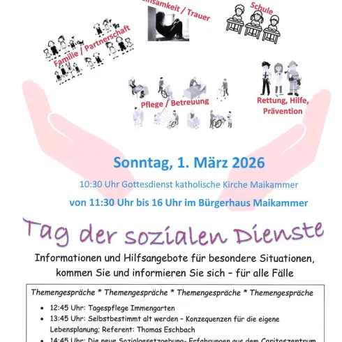 Ein Plakat für den "Tag der sozialen Dienste" in Maikammer. Es lädt zur Informationsveranstaltung über soziale Angebote ein und zeigt verschiedene Symbole für Hilfe und Unterstützung.