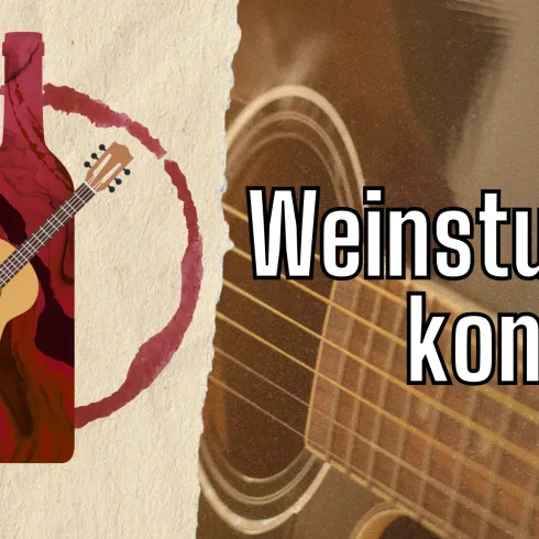 Ein Konzert in einer Weinstube mit einer Gitarre und einem Weinflaschen-Design. Die Atmosphäre ist gemütlich und musikalisch.